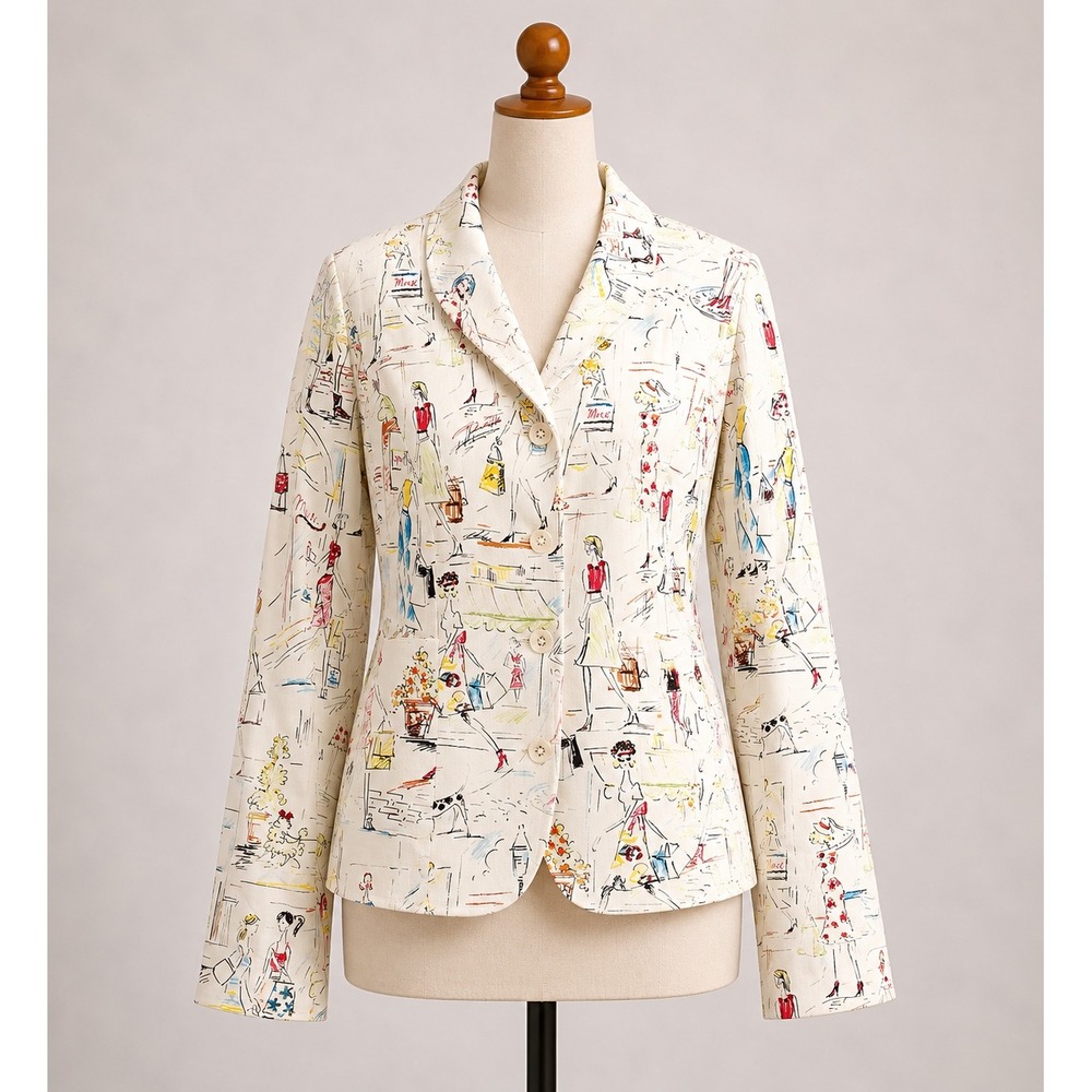 Anthracite Women White City Sketch Print Sequin Zip Up Jacket Blazer Size 16